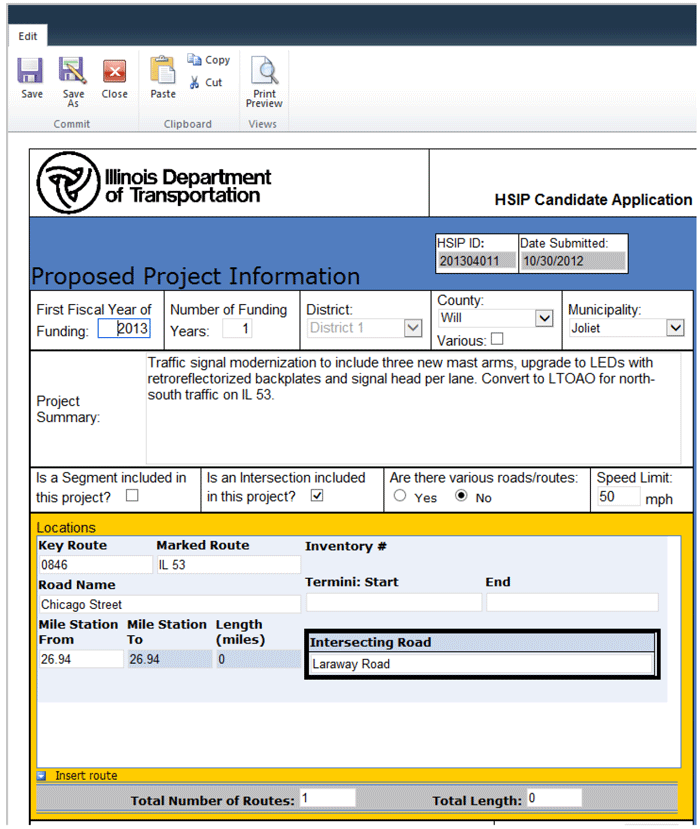 Image. IDOT HSIP candidate application form. Image showing part of the application form to become an IDOT HSIP candidate. The form has fields for the fiscal year of funding, the number of funding years, the county, the municipality, a project summary, the speed limit of the location, the road name, and an intersecting road.