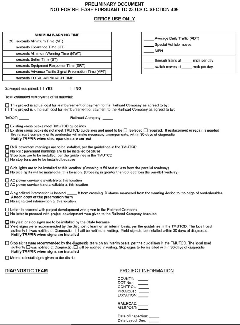 Figure D-1. State of Texas Department of Transportation Diagnostic Review Form - This figure is an example of the State of Texas Department of Transportation Diagnostic Review Form. At the top of the document, the heading reads, "PRELIMINARY DOCUMENT. NOT FOR RELEASE PURSUANT TO 23 U.S.C. SECTION 409." Under the heading, there is a subheading underlined and titled, "GENERAL NOTES." On the form under GENERAL NOTES, there are 14 sections for a person to fill out. There is also a section at the bottom for ADDI