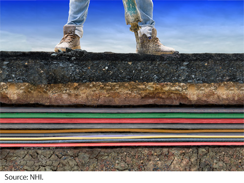 Person in boots on top of the ground showing layers of the ground and utility wiring under it in various colors and additional ground underneath the wires. Image Source: NHI.