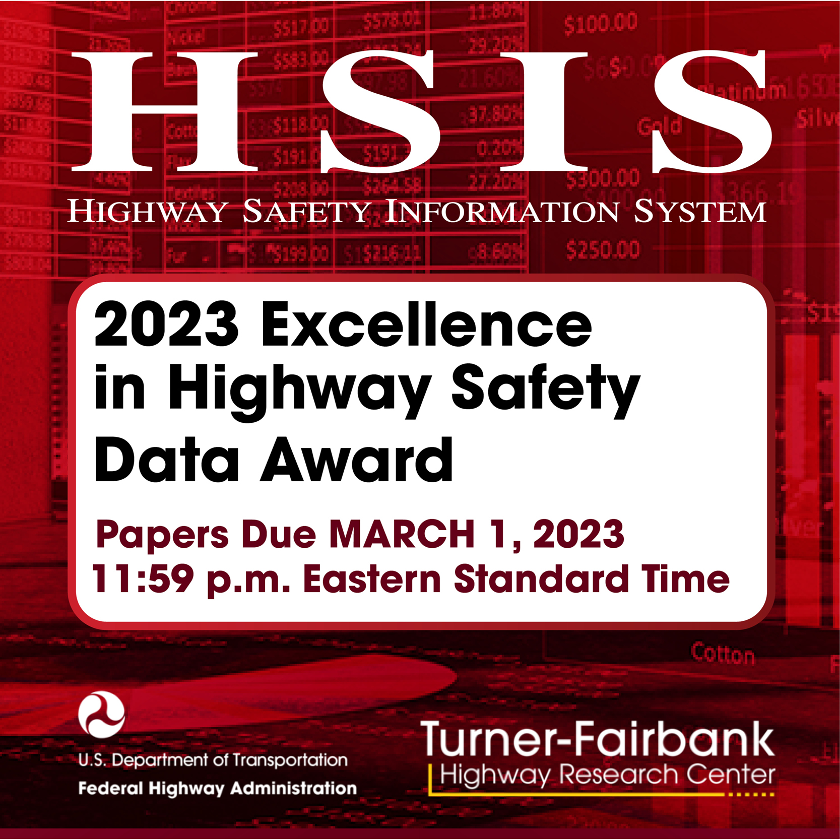 A header reads “HSIS: Highway Safety Information System.” Underneath is text that reads “2023 Excellence in Highway Safety Data Award. Papers Due MARCH 1, 2023, 11:59 p.m. Eastern Standard Time.” At the bottom of the image is the Federal Highway Administration logo and Turner-Fairbank Highway Research Center type treatment. In the background behind this type-graphic is a series of line graphs and charts.