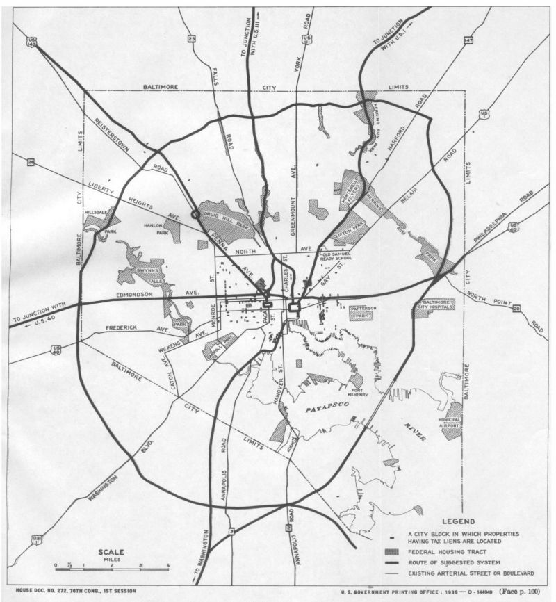 alt="Tentative study of locations for Baltimore trans-city connections and express highways shown in relation to location of Federal housing tracts and properties having tax liens."