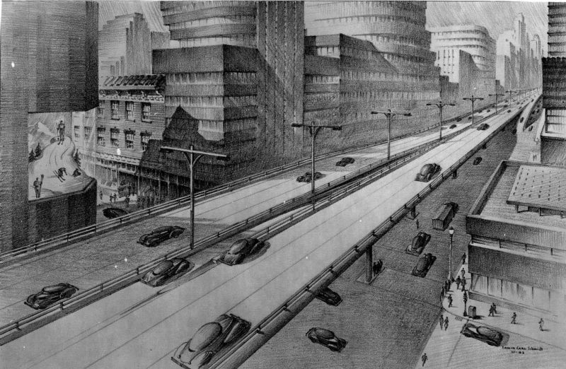 An elevated section of the interregional system as it might be built according to the standards propesed, with central exit ramps and lateral entrance ramps. The sketch suggests the manner in which new properties might conform to curving lines of the expressway in widened sections at access points, and a show window at the elevated level dressed appropriately with the kind of large display that would be needed for comprehension by express traffic