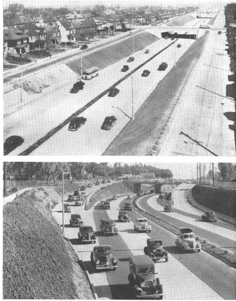 (Top Image) A former street has here been preserved to form the local service way at the left. The right service way abutting the rear of properties facing on the next street is built on part of a half-block strip acquired for the improvement. The right-of-way is inadequate for the type of development proposed by the committee. (Bottom Image) This example, like the one above embodies many of the features considered desirable for urban depressed construction, but is also somewhat cramped in its design by ina