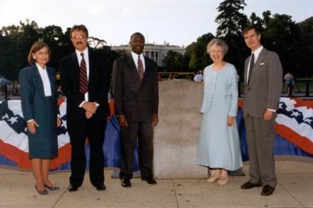 (l to r) FHWA's Susan Lauffer, Bruce Zimmerman, Jerry Malone, and (on right) Frank Calhoun, join Nadine Hamilton of the Office of Congressional Affairs, USDOT.