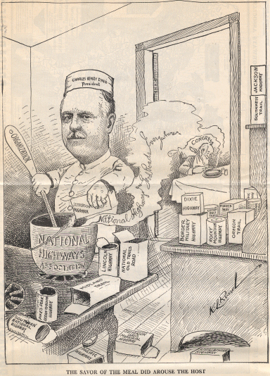 Charles Henry Davis - the caption says 'The savor of the meal did arouse the host'. Cartoon appeared in Better Road and Streets for August 1916. It illustrates how Charles Henry Davis was trying to blend the named trail associations into his national organization.