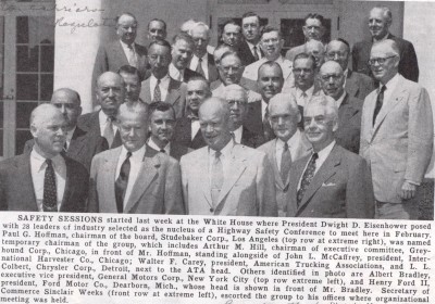 In July 1953, President Eisenhower met with business leaders at the White House to discuss their role in reducing highway accidents. (Photo from Transport Topics, August 3, 1953.)