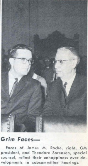 On March 22, 1966, Chairman Abraham Ribicoff held a hearing to investigate charges that General Motors had investigated and attempted to harass Ralph Nader following publication of Unsafe at Any Speed. (Photos from Automotive News, March 28, 1966) (Photo 2/3)