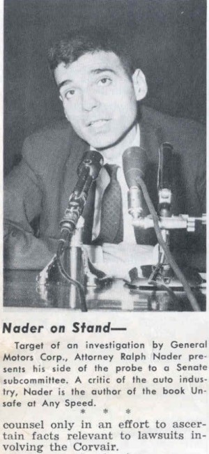 On March 22, 1966, Chairman Abraham Ribicoff held a hearing to investigate charges that General Motors had investigated and attempted to harass Ralph Nader following publication of Unsafe at Any Speed. (Photos from Automotive News, March 28, 1966) (Photo 3/3)