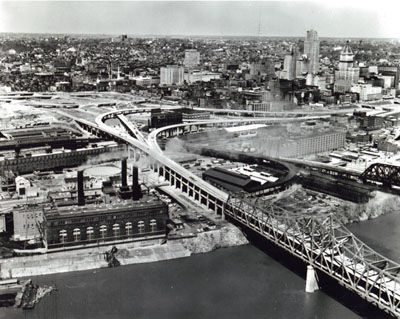 Ohio- Interstate Route 71 & 75 cross the Ohio River from Covington, Kentucky, on this two-level bridge into Cincinnati, Ohio, where ramps distribute traffic to the two diverging Interstate routes and the city Streets.