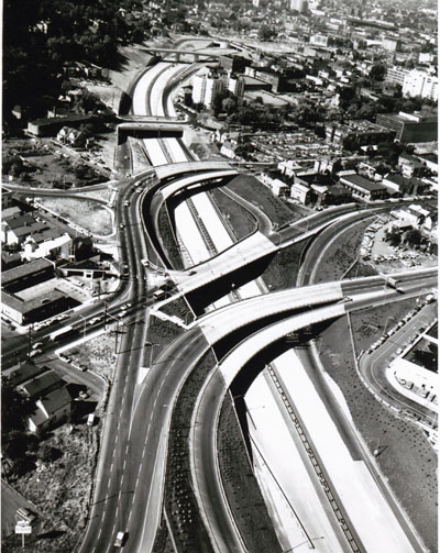 Oregon- The Stadium Freeway, I-405, in Portland is currently under construction. The 5th Street freeway on-ramp is in lower half of the photograph. The freeway when completed, will bypass downtown Portland on the west.