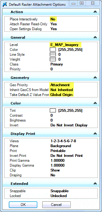 Default Raster Attachment Options menu with highlighted settings