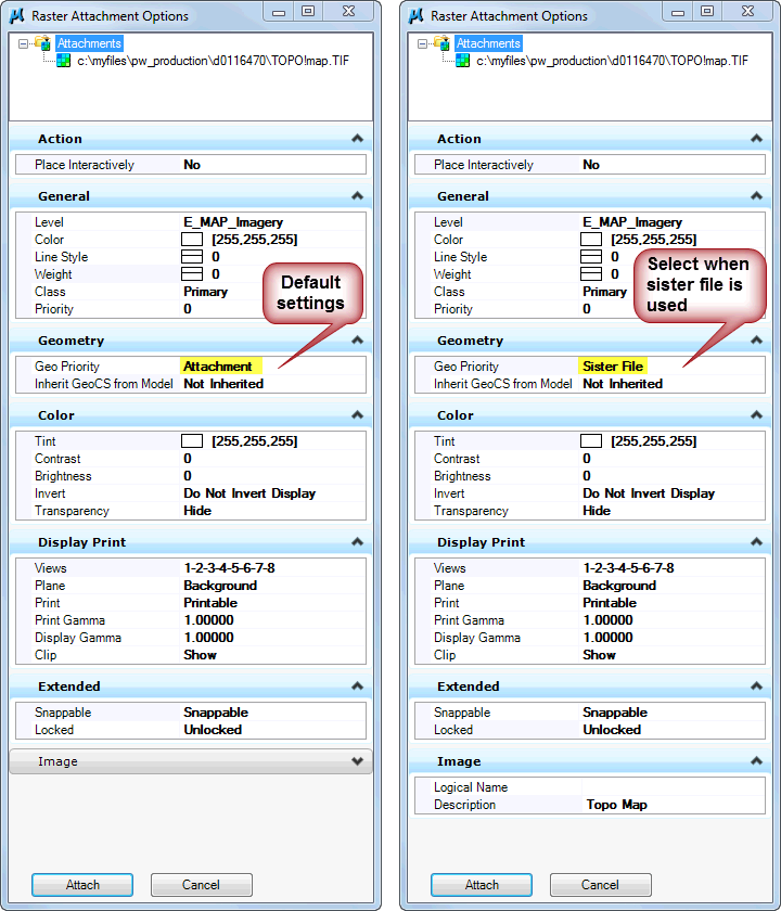 Raster Attachment Option menu with Geo Priority field highlighted containing 'Attachment' and another containing "Sister File"