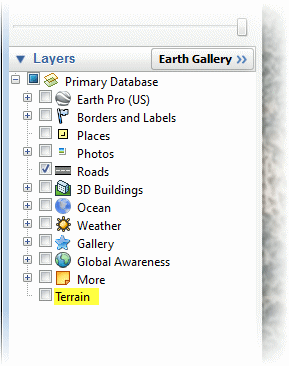 Layers dialog in Google Earth with Terrain item highlighted