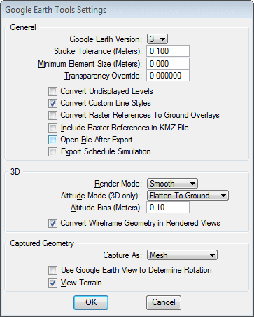 Screenshot of Google Earth Tool Settings showing the typical values