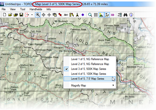 National Geographic Topo! program with 500k series map of forests in Montana