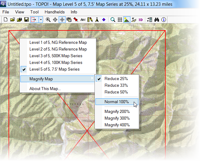 National Geographic Topo! program with normal magnification command option