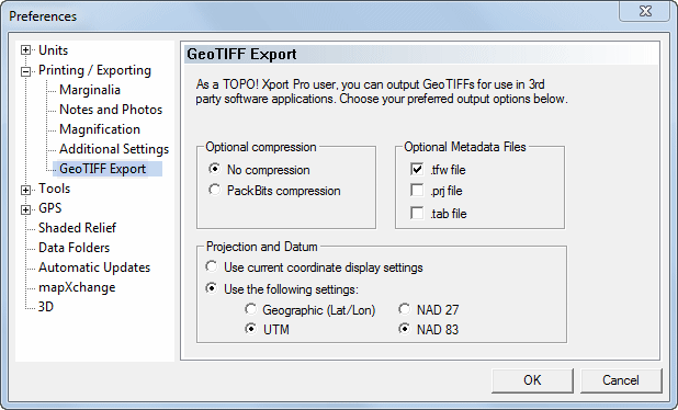 Export Preferences menu with Geo TIFF Export settings