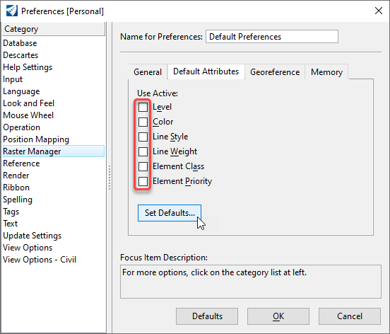 Workspace Preferences menu with Raster Manager and Default Attributes tab showing