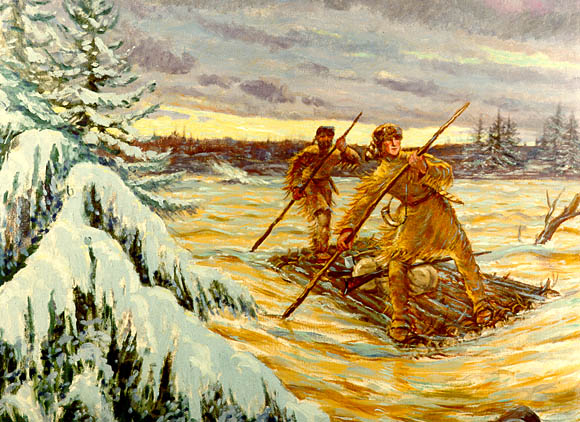 A painting of two men, dressed in buckskin, traveling down a river on a raft.