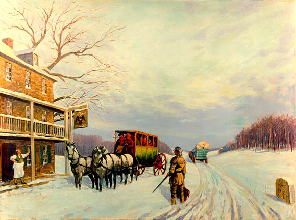 A painting of a snowy scene in which a tavern owner welcomes a carriage filled with people.