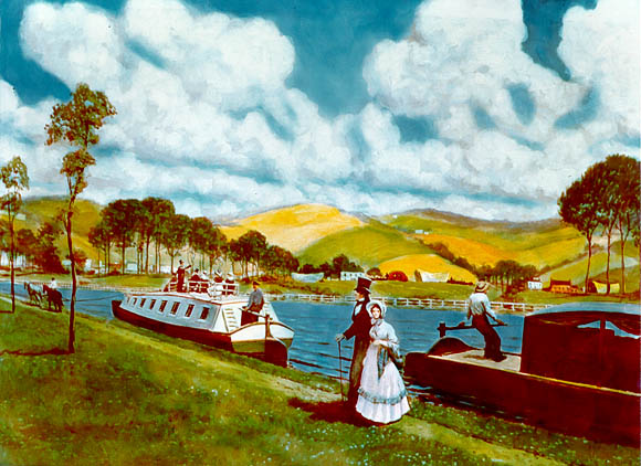 A painting of a pastoral scene with boats and strollers along the banks of the Erie Canal.