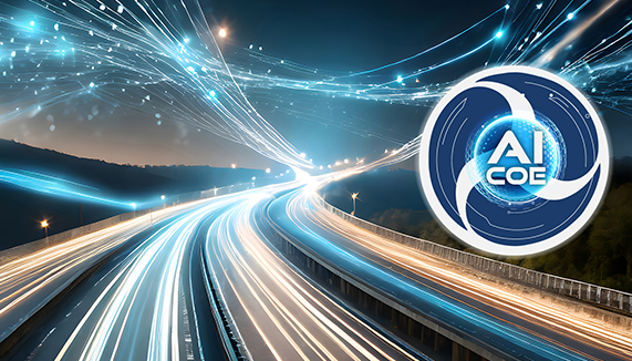 A futuristic night scene showing a highway with long-exposure light streaks transitioning into glowing blue digital data trails in the sky. To the right, a circular "AI COE" logo is featured, encased in a white, three-finned turbine design.