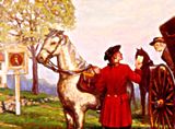 guys and horses with a tree in the background