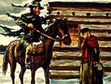 guy on a horse outside a log cabin with a guy standing next to them
