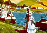 a male-female couple dressed in fancy clothing beside a body of water near a boat