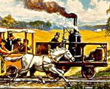 a horse-drawn carriage with people inside racing with a steam-powered rail car