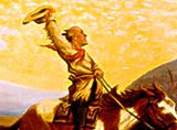 man riding horseback waving his hat