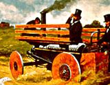 steam-powered carriage with three men aboard
