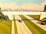 vehicles driving on a divided highway with a bridge across it with a city skyline visible in the distance