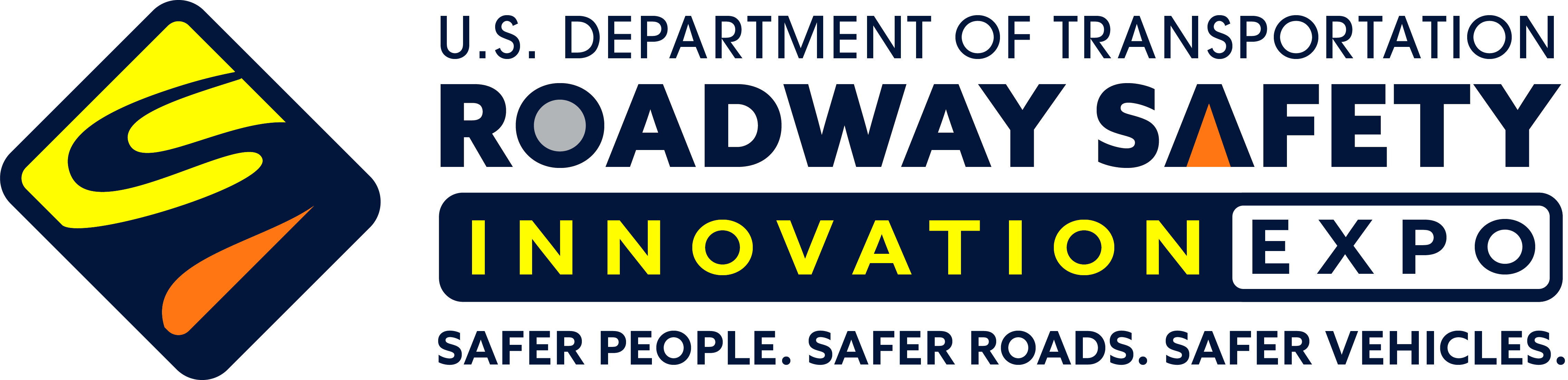 Logo showing a diamond-shape road sign with a black winding road with orange and yellow background colors. U.S. Department of Transportation Roadway Safety Innovation Expo. Safer People. Safer Roads. Safer Vehicles.