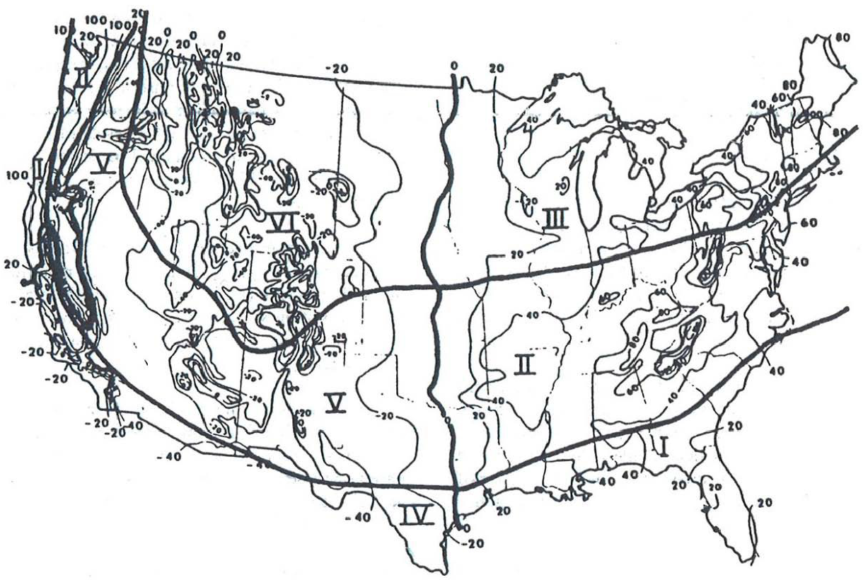 Map of US with the six climatic zones drawn