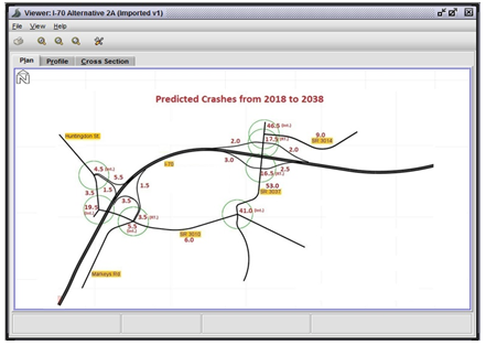 Diagram of two interchanges on Pennsylvania I-70 in alternative 2A. The image depicts predicted crashes from 2018 to 2038 at various points along each interchange.