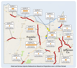 Map showing projected reductions in fatalities and serious injuries over a 10-year period in Franklin and Jefferson Counties.