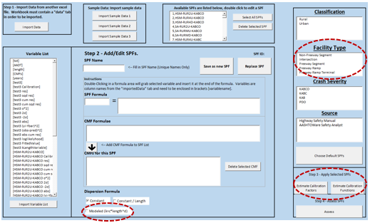 Screenshot of The Calibrator Version 3.0, which includes capabilities to estimate and assess calibration functions (in addition to calibration factors) and an expanded list of default SPFs for different facility types.