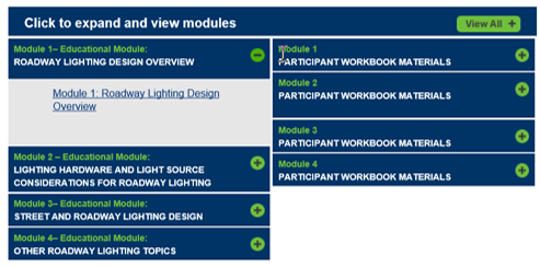 Screenshot from FHWA's new web-based roadway lighting training, which provides an overview of nighttime lighting workshops.