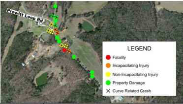 Crash map of the Prewitt Loop Road area.