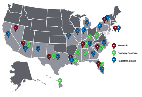 Map shows ASAP Focus States by for intersection, roadway departure, and pedestrian-bicycle focus areas. Intersection states are: Nevada, Arizona, Texas, Louisiana, Tennessee, Florida, South Carolina, New York, and New Jersey. Roadway Departure states are: Hawaii, Arizona, Texas, Louisiana, Mississippi, Alabama, Tennessee, Kentucky, West Virginia, South Carolina, and Florida. Pedestrian-Bicycle states are: California, Arizona, New Mexico, Texas, Louisiana, Missouri, Illinois, Indiana, Michigan, Tennessee, Georgia, Florida, North Carolina, Pennsylvania, New York, and New Jersey.