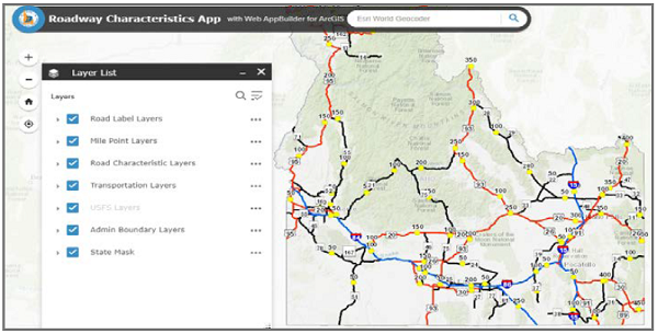 Screenshot shows StoryMaps, which includes a map with roads highlighted in different colors on the right, and a layers list on the left. Layers include: Road Label Layers, Mile Point Layers, Road Characteristic Layers, Transportation Layers, USFS Layers, Admin Boundary Layers, and State Mask. Layers are all selected in screenshot.