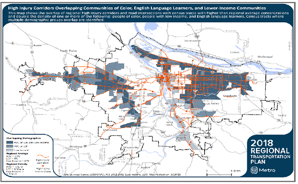 Screenshot shows 2018 Regional Transportation Plan High Injury Corridors Overlapping Communities of Color, English Language Learners, and Lower-Income Communities, with roads highlighted in orange and black, and sections highlighted in shades of blue.