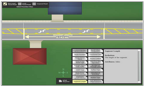 Image shows a drawing of two-way road with a shared left turn lane in the middle, with MIRE FDE elements listed on the bottom right.