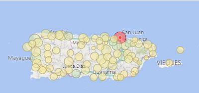 Map of Puerto Rico and Vieques has yellow and green circles across the island, with a red circle near San Juan.