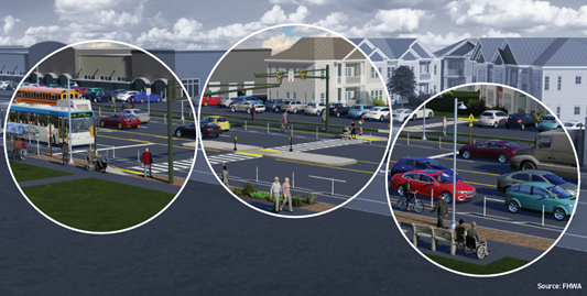 Artistic rendering of a busy roadway highlights the complete street elements that make the road safe for all users.