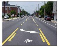 Photograph of a road diet configuration in which two travel lanes are separated by a two-way left turn lane and on-street parallel parking is available on both sides of the street.