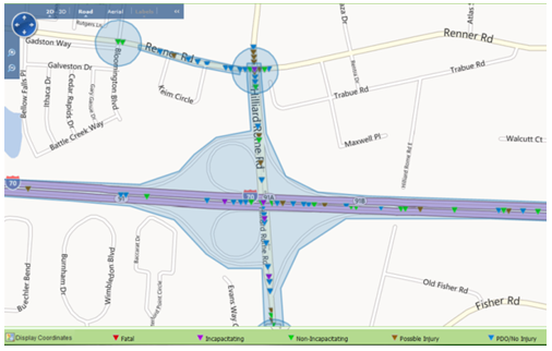 Screenshot of a GCAT Crash Data Map showing fatal, injury, and property damage only crashes on a specific corridor.