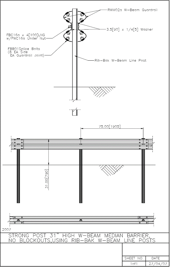 Strong Post 31” High W-Beam Median Barrier, No Blockouts, Using Rib-Bak W-Beam Line Posts