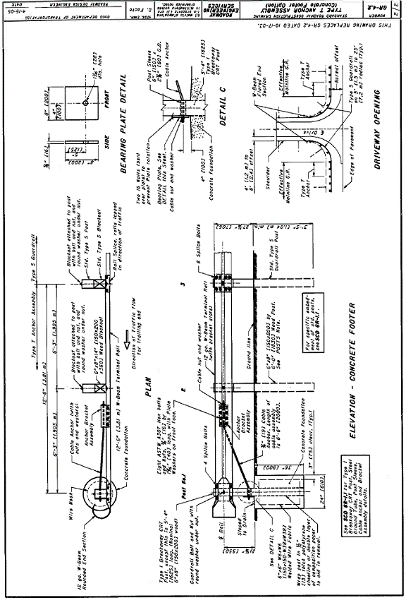 Type T Anchor Assembly - Type 5 Guardrail (Elevation - Concrete Footer, Driveway Opening